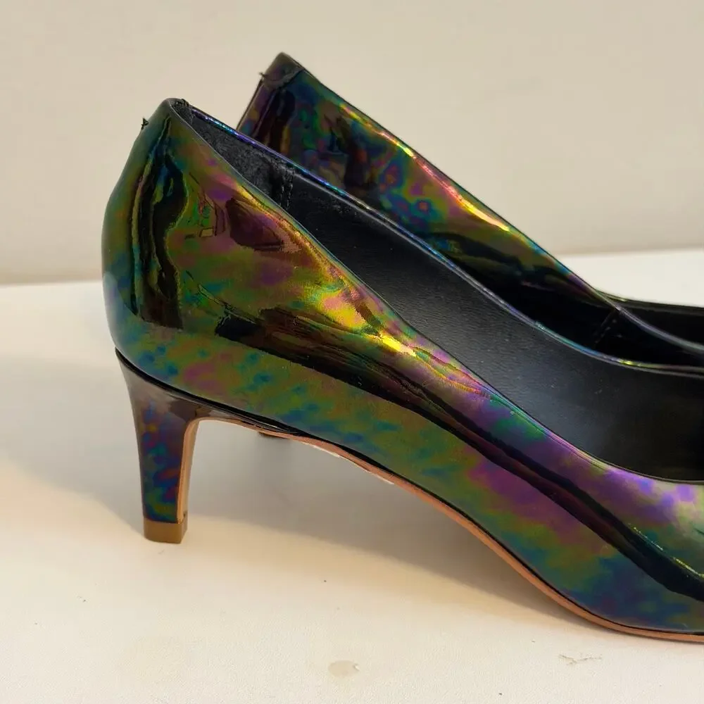 Clarks Laina 55 Court Pointed Toe Iridescent Black Patent Pumps Heels 7.5M Work